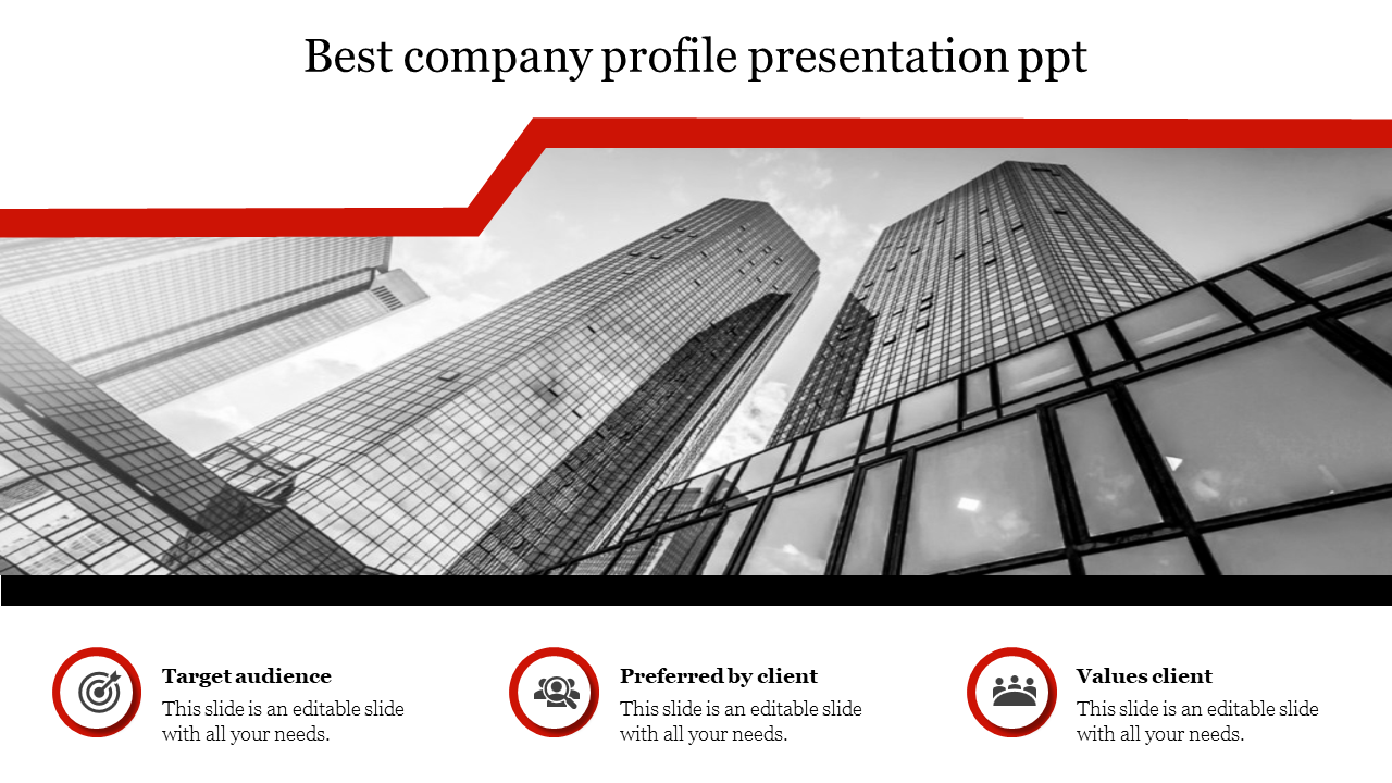 Professional company profile slide with a city skyline background, featuring icons from target audience to values client.