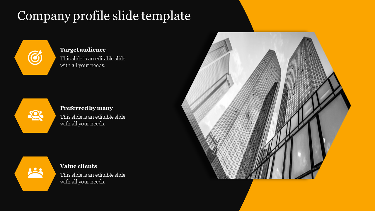 Company profile slide featuring yellow hexagonal icons from target audience to value clients with city skyline background.