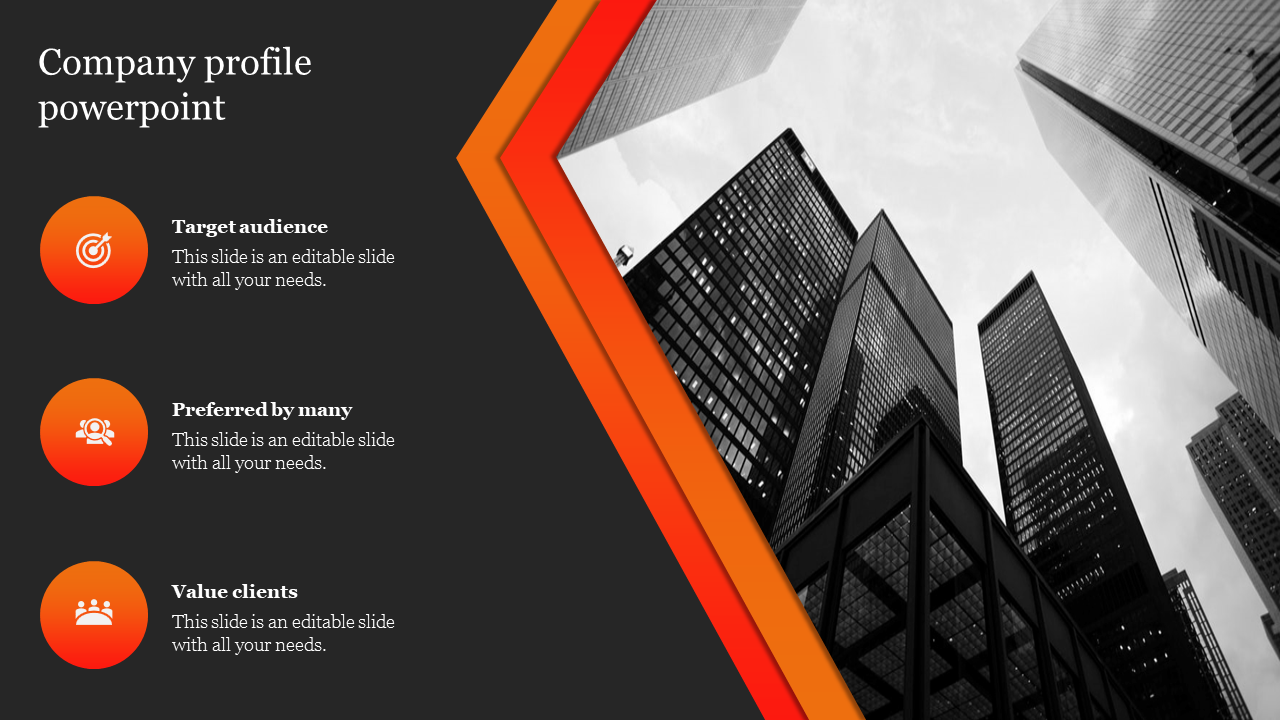 Company profile slide featuring orange icons from target audience to value clients with a black and white cityscape backdrop.