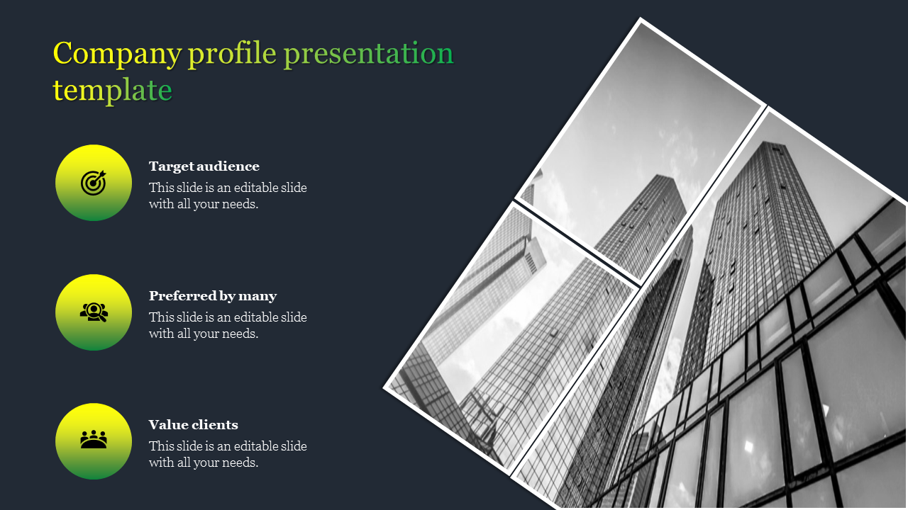 Dark themed company profile slide with three yellow gradient icons and a black and white skyscraper image on the right.