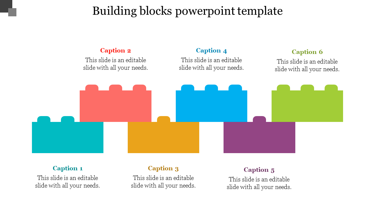 Six colorful building blocks in pink, teal, blue, yellow, purple, and green arranged in two rows, and captions.