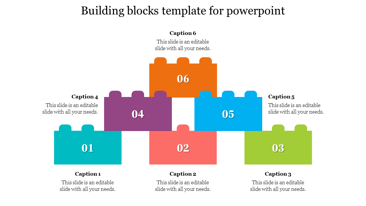 Stacked colorful building blocks with numbers 01 to 06, arranged in layers and linked to captions.