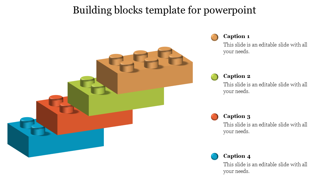 Four stacked building blocks in blue, red, green, and orange with corresponding captions labeled to the right.