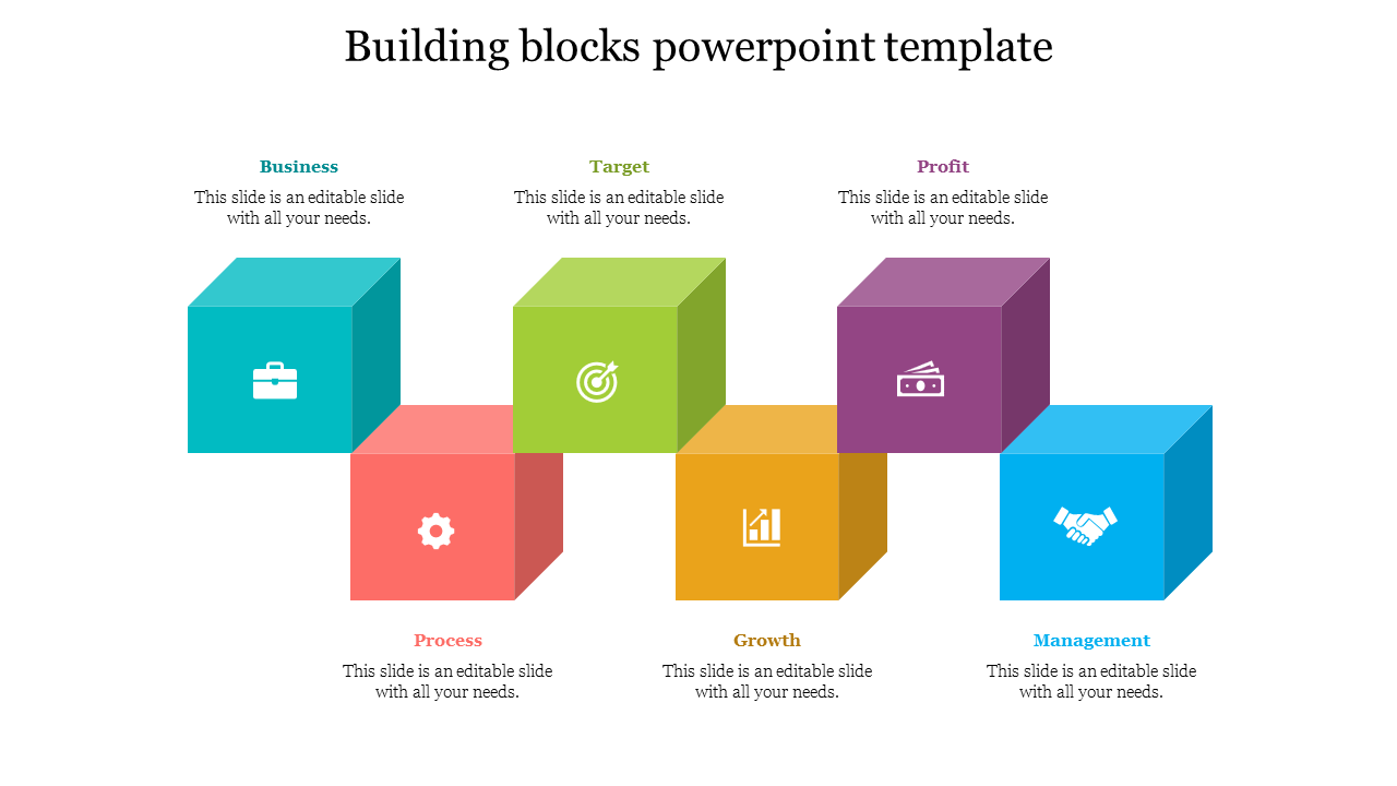 A slide showing a business themed building block with six colorful cubes with icons and placeholder text.