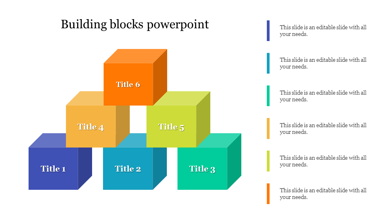 PowerPoint template with six colorful building blocks stacked in a pyramid, each block labeled with a title.