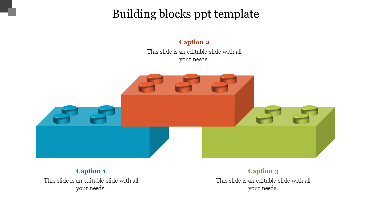 Three interlocking building blocks in different colors, representing modular components, with captions areas below. 