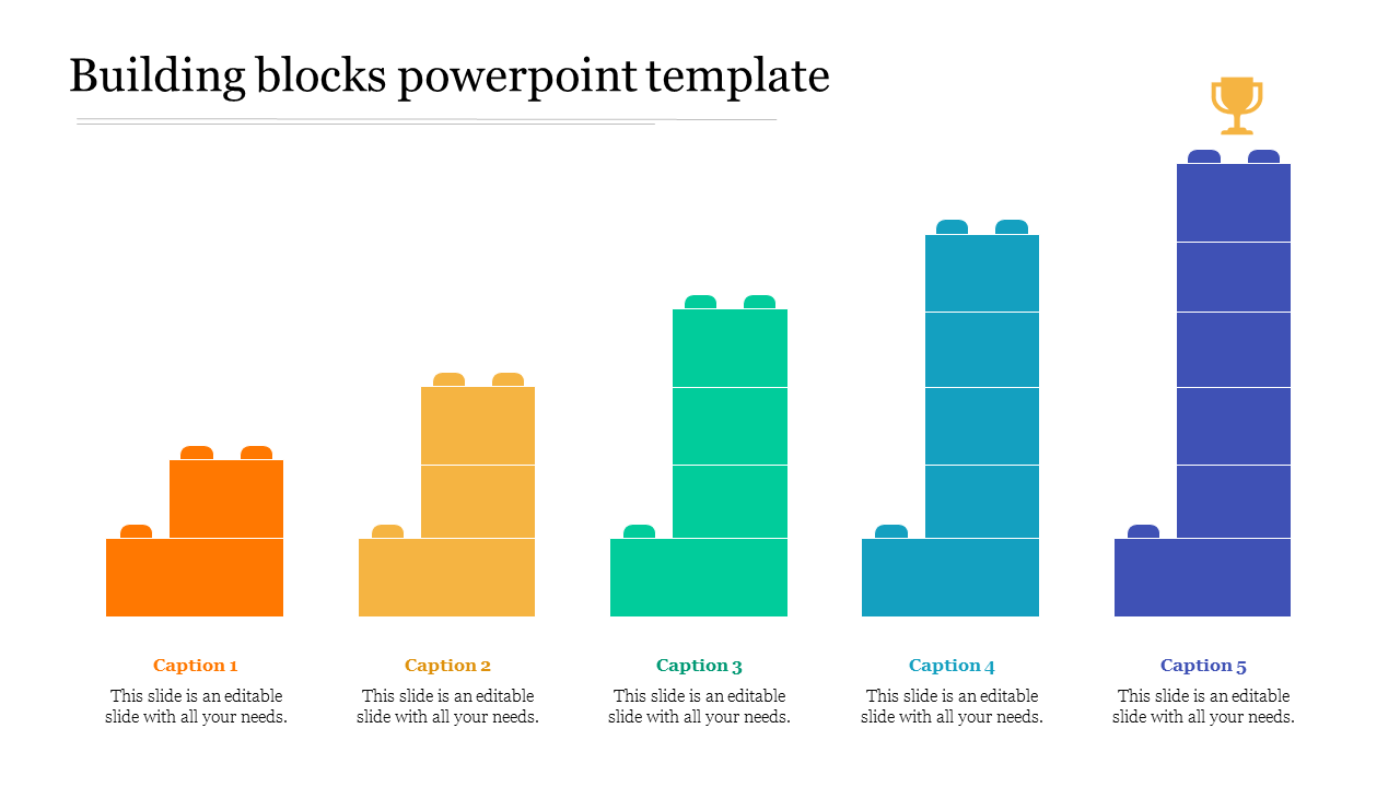 Building blocks slide showcasing five blocks in different colors, each with captions.