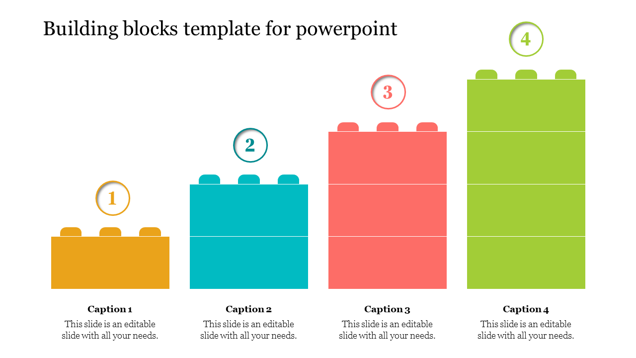 Building blocks chart slide with four colorful sections, numbered 1 to 4, each representing different captions.