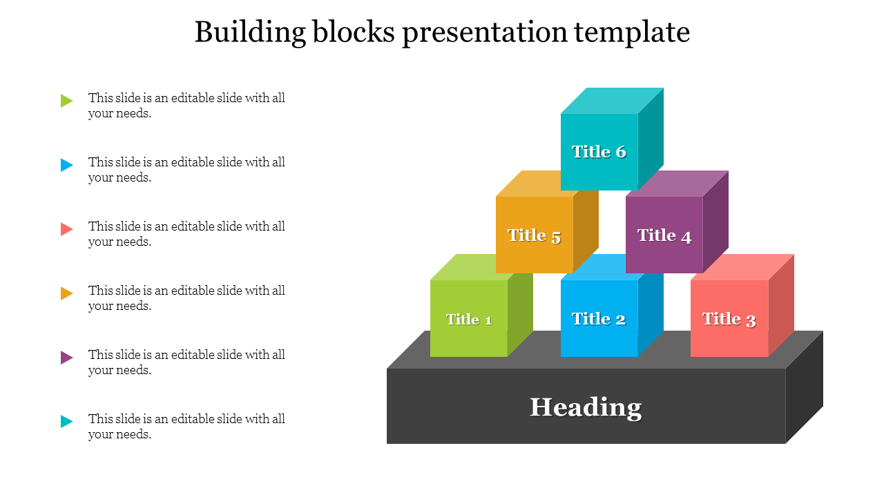 Stacked 3D building blocks in red, green, blue, and yellow represent business, target, growth, and profit, with icons. 