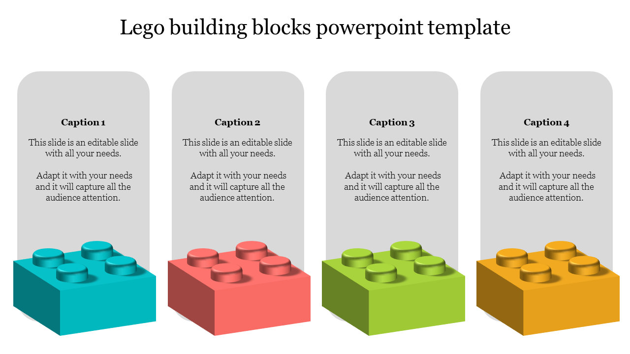 Slide featuring four Lego bricks in different colors, accompanied by text areas for each section.