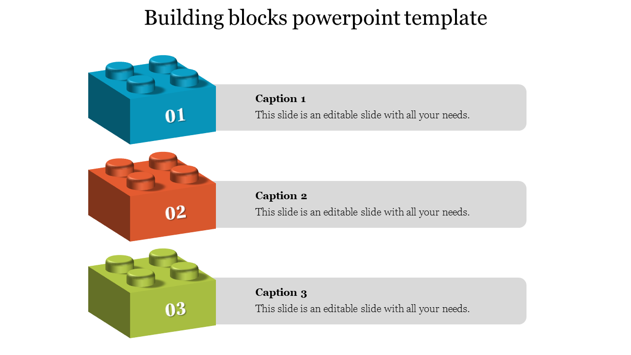 Three colorful numbered building blocks in blue, orange, and green, each  gray caption box.