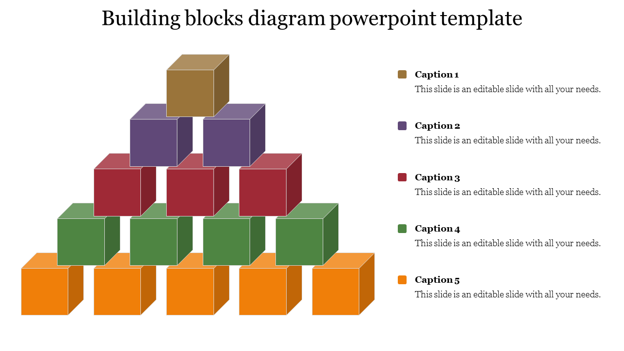 Stacked 3D blocks in orange, green, red, purple, and brown, forming a pyramid, with matching placeholders text.