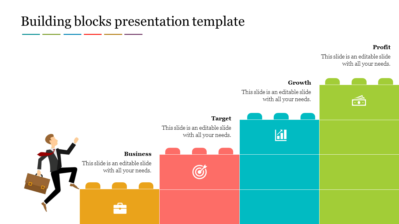 Building blocks slide with a person climbing colored blocks labeled business, target, growth, and profit with icons.