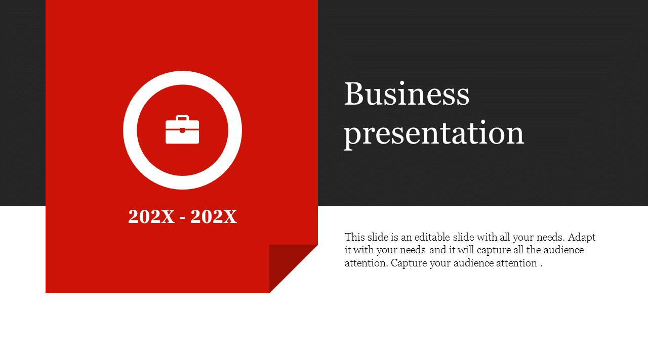 Business presentation slide with a red background, featuring a suitcase icon and year range 202X to 202X.