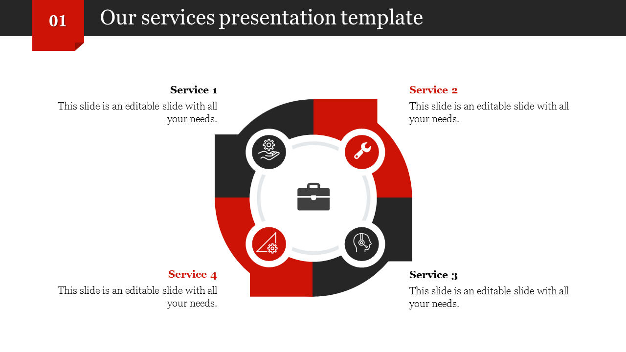 Slide with a circular red and black segmented design, featuring icons and descriptions for four services.