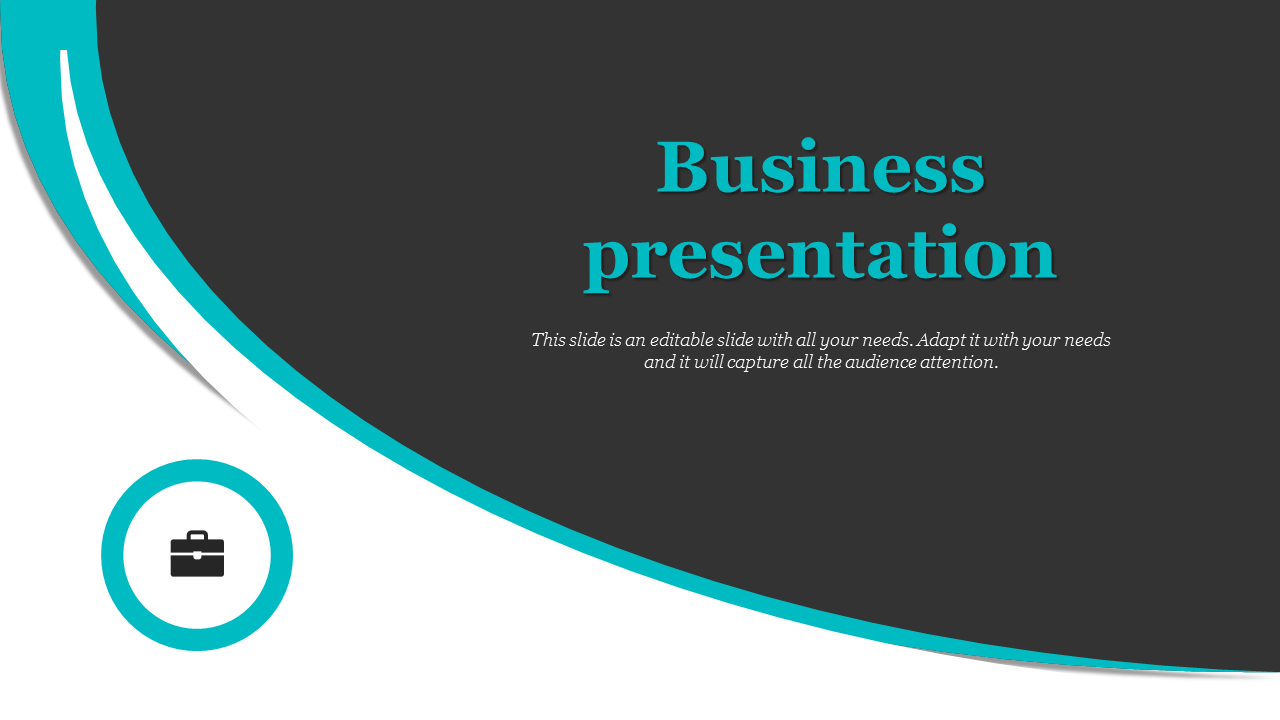 Professional business template with a teal and black curved layout and a prominent briefcase symbol.