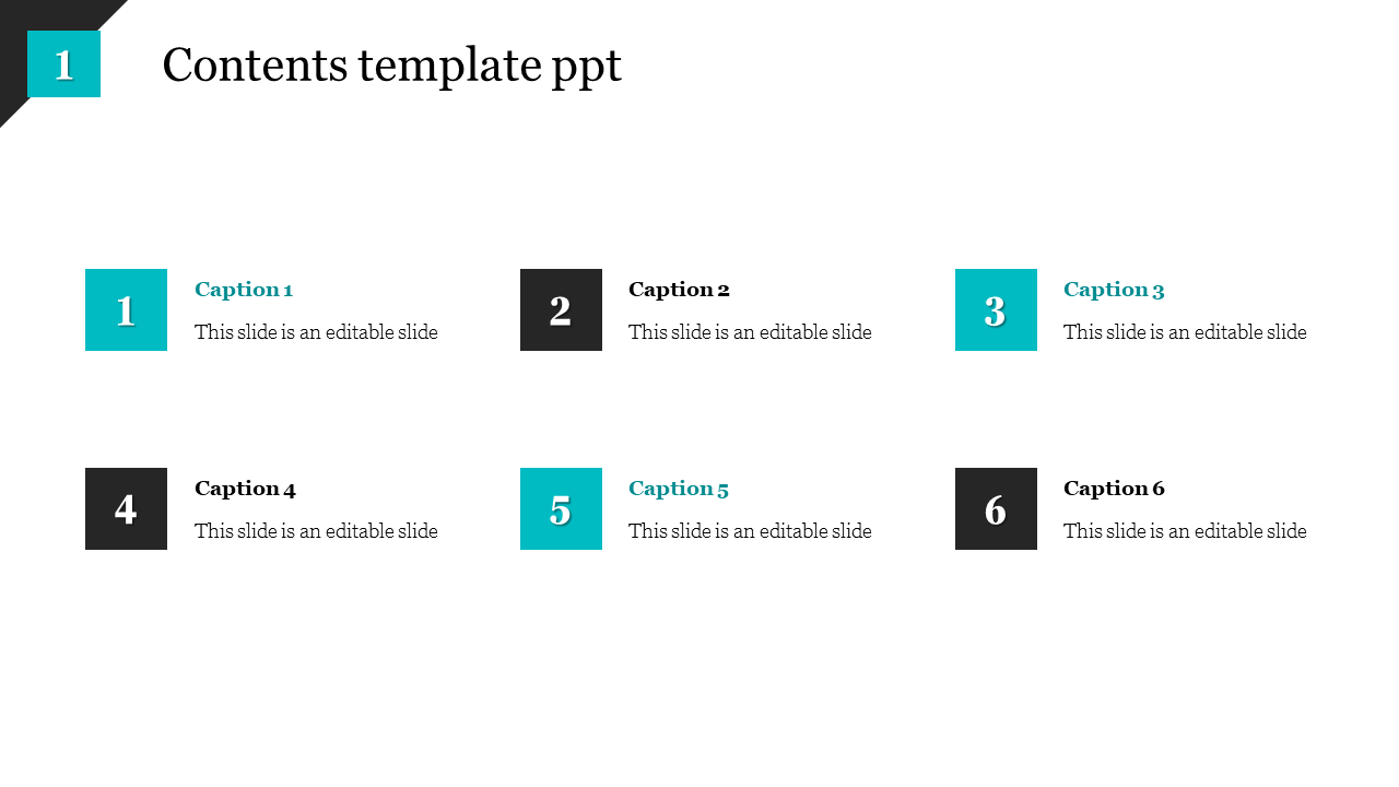 Contents template with six numbered sections, alternating blue and black boxes, and text fields, arranged in two rows.