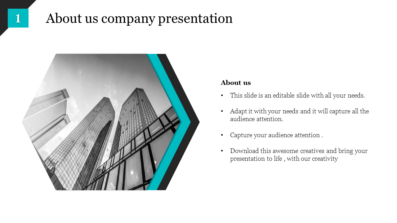 About Us company PPT slide with a hexagonal frame around a black and white image of modern skyscrapers, accompanied by text.