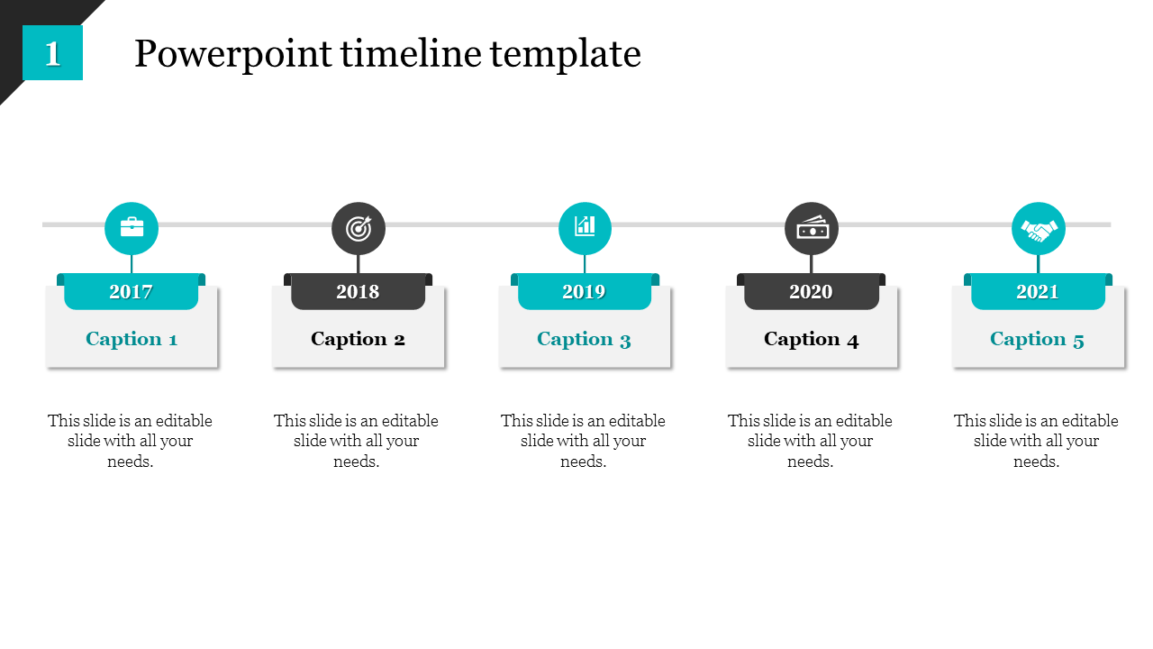 Timeline template with five milestones from 2017 to 2021, alternating in blue and black labels and icons.