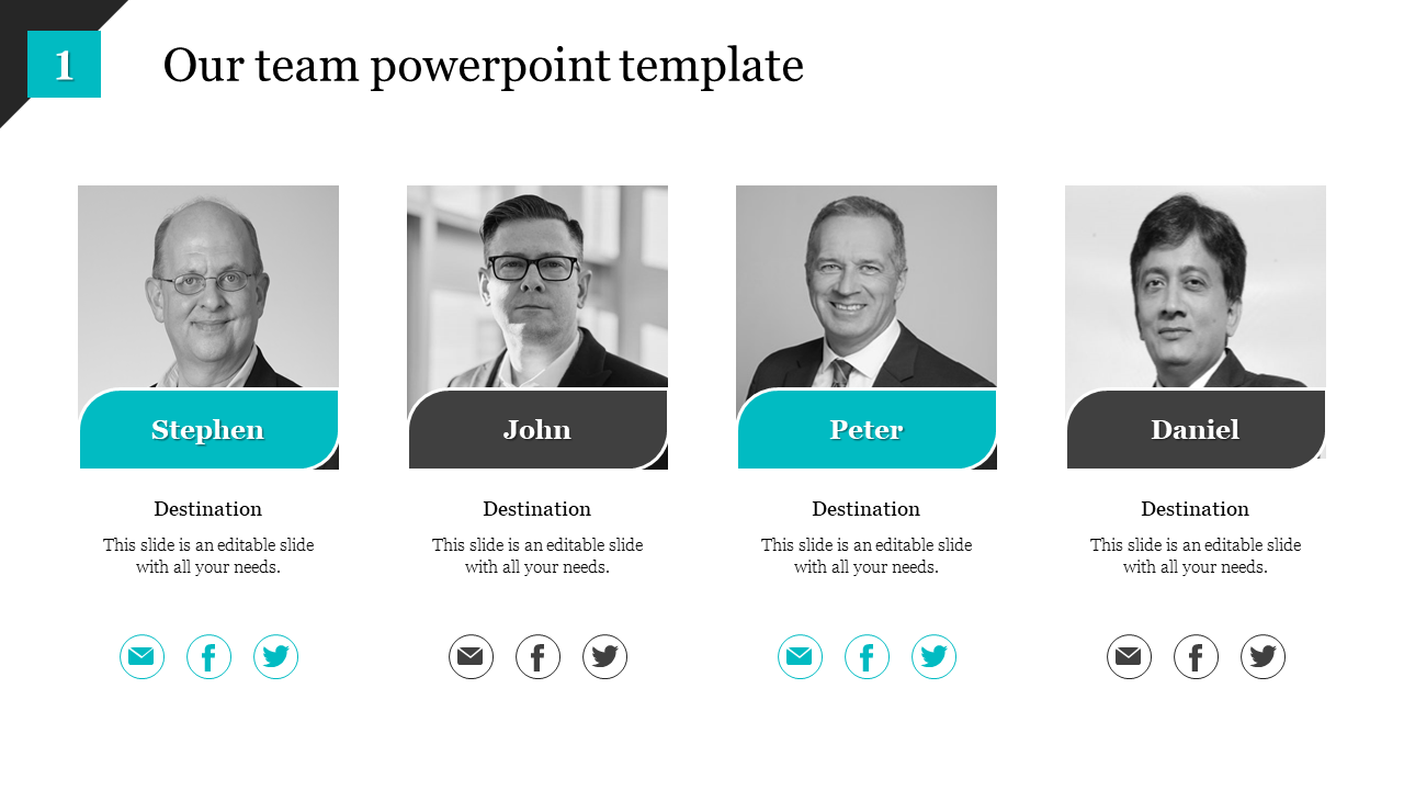 Team template with four black and white profile photos, names in blue and gray bars, and social media icons below.