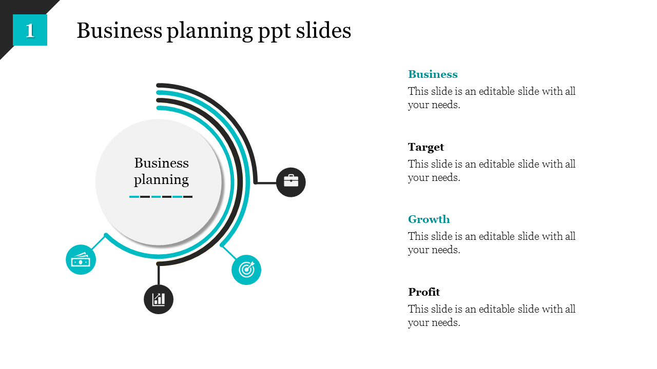 Business planning PPT template with a circular flow design, showing the stages from business to profit, each with an icon.