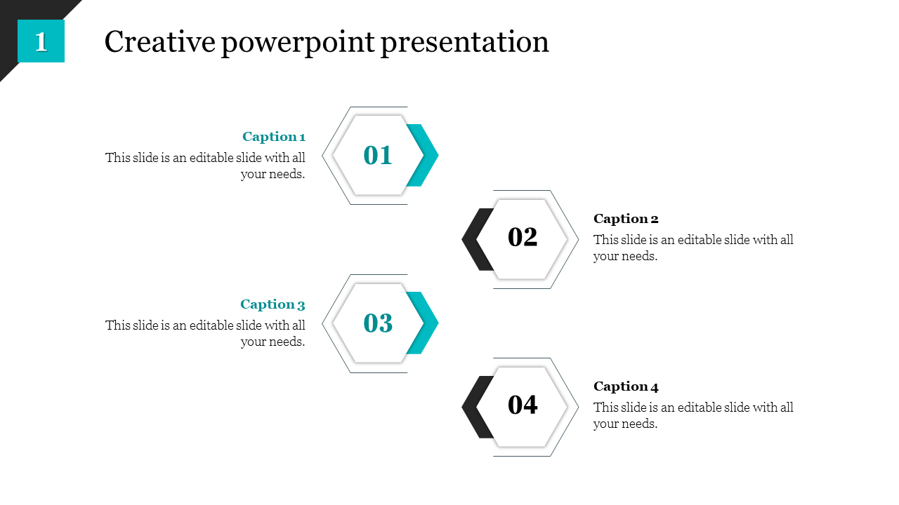 Creative PPT presentation template with four hexagonal sections, each labeled with a caption and numbered from 01 to 04.