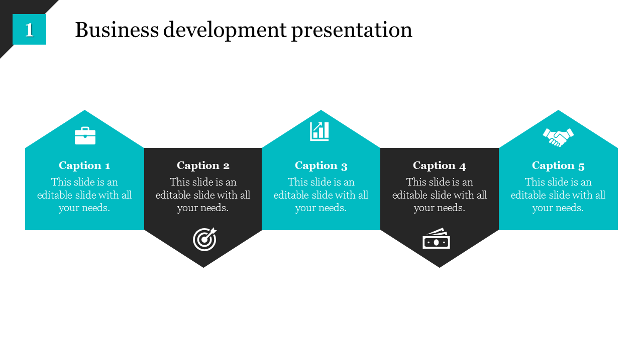 Business development presentation slide featuring five sections with icons for each step with captions.