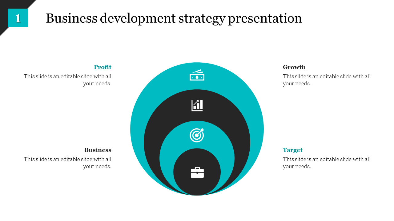 Business strategy slide with nested blue and black circles, each containing icons representing different growth stages.