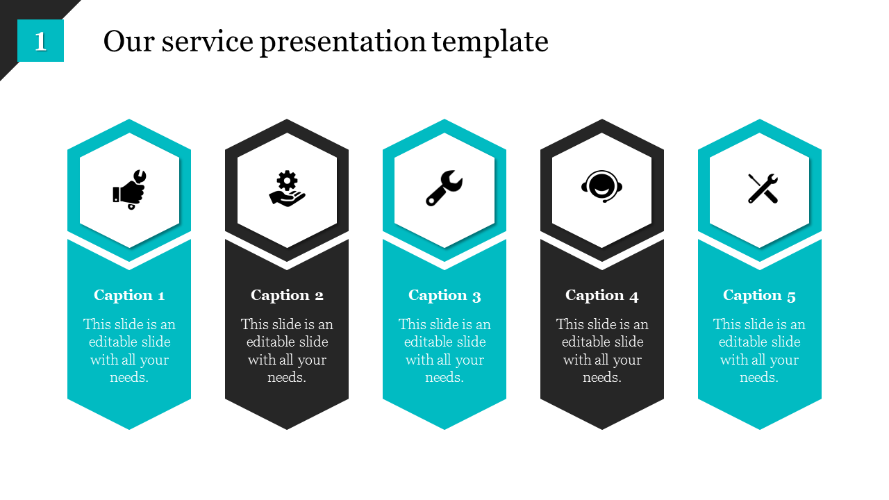 Five hexagon icons with service-related symbols, alternating between blue and black, connected to placeholder text areas.