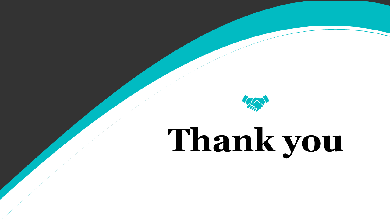 Thank You slide with black and teal curved design, featuring a handshake icon and bold text in the center.