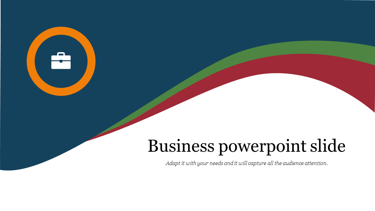 Business slide with a dark blue background, featuring wavy red and green accents, and an orange circular icon.