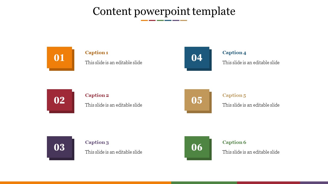 Colorful content PowerPoint template with six sections numbered 1 to 6, each with captions.