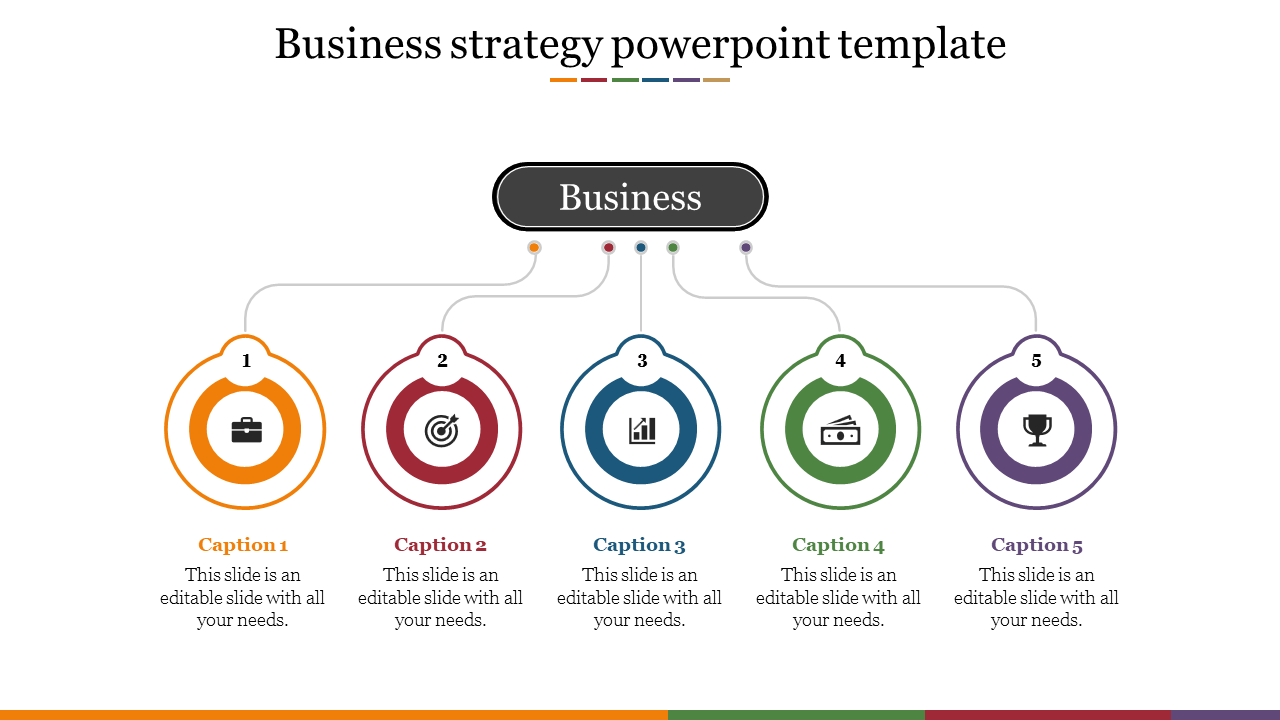 Business strategy slide with five numbered circular icons in orange, red, blue, green, and purple, linked to a central node.