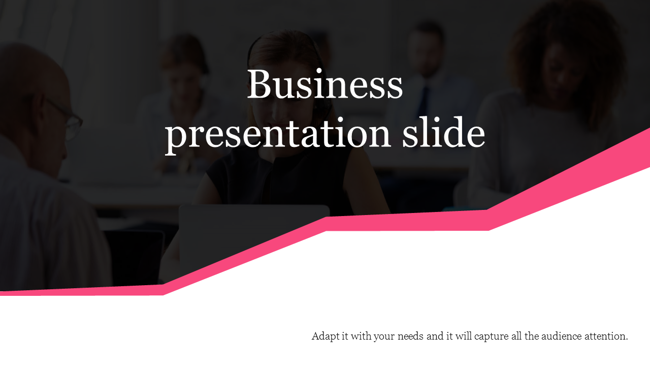 Business presentation slide with a dark overlay on a blurred office background and a diagonal pink and white design.