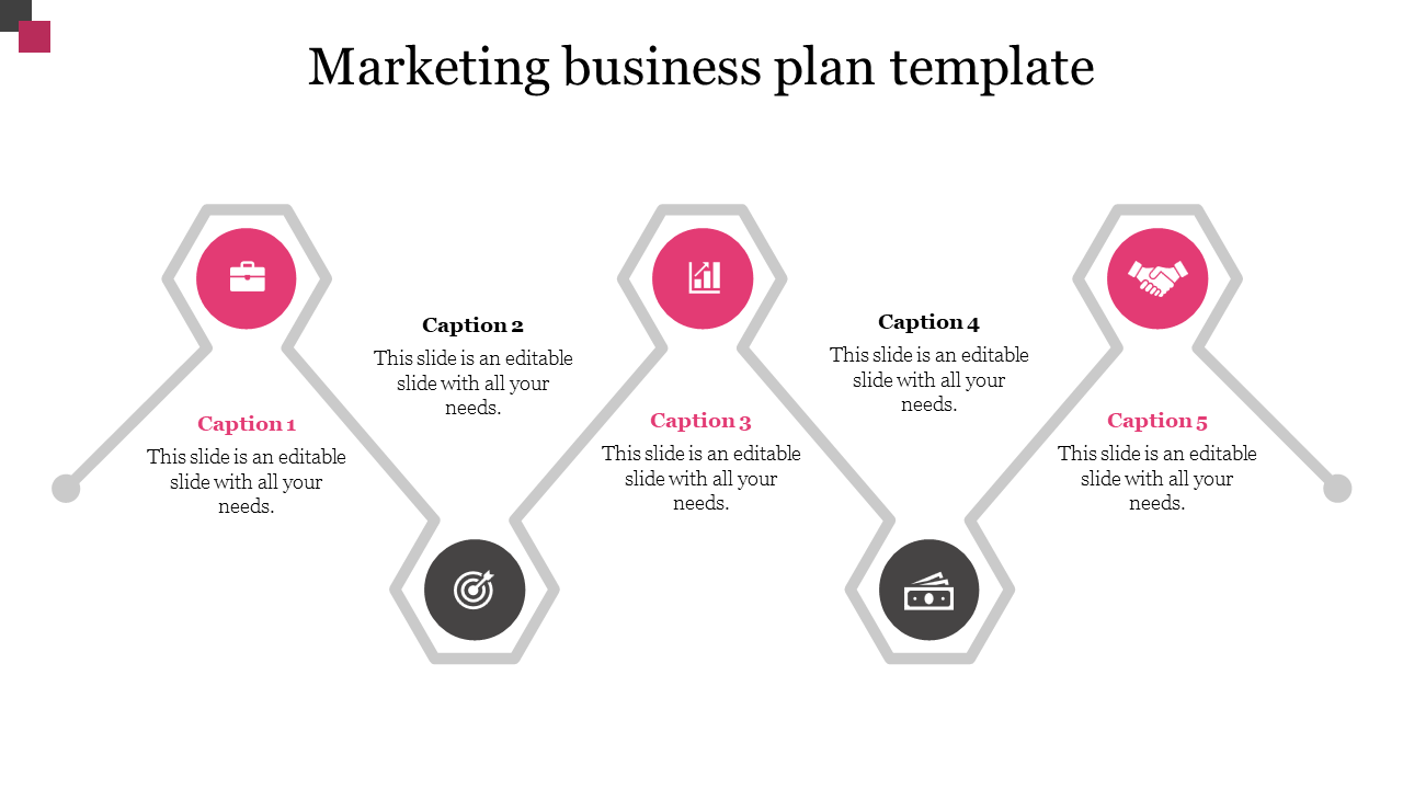 Marketing business plan PPT slide with colorful hexagonal icons with captions and placeholder text.