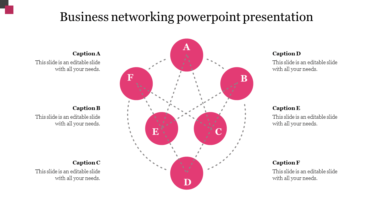 Business networking PowerPoint slide featuring sections with captions A to F in a circular layout.