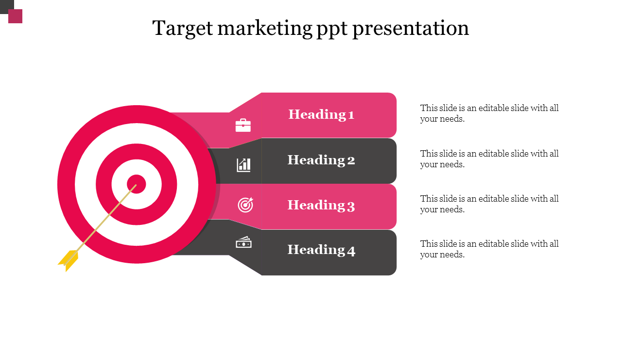 Marketing template featuring a target with an arrow, connected to four horizontal labels in pink and black.