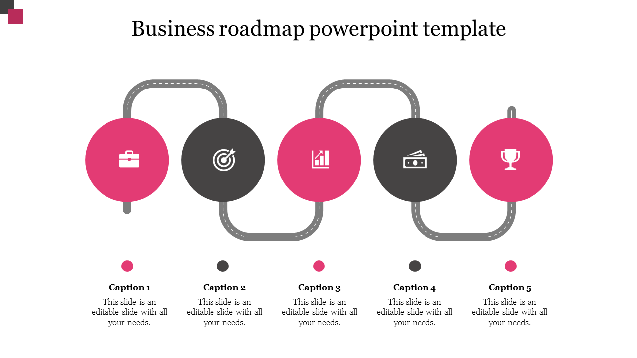 Business roadmap PowerPoint template with a path connecting colorful icons representing business functions with captions.