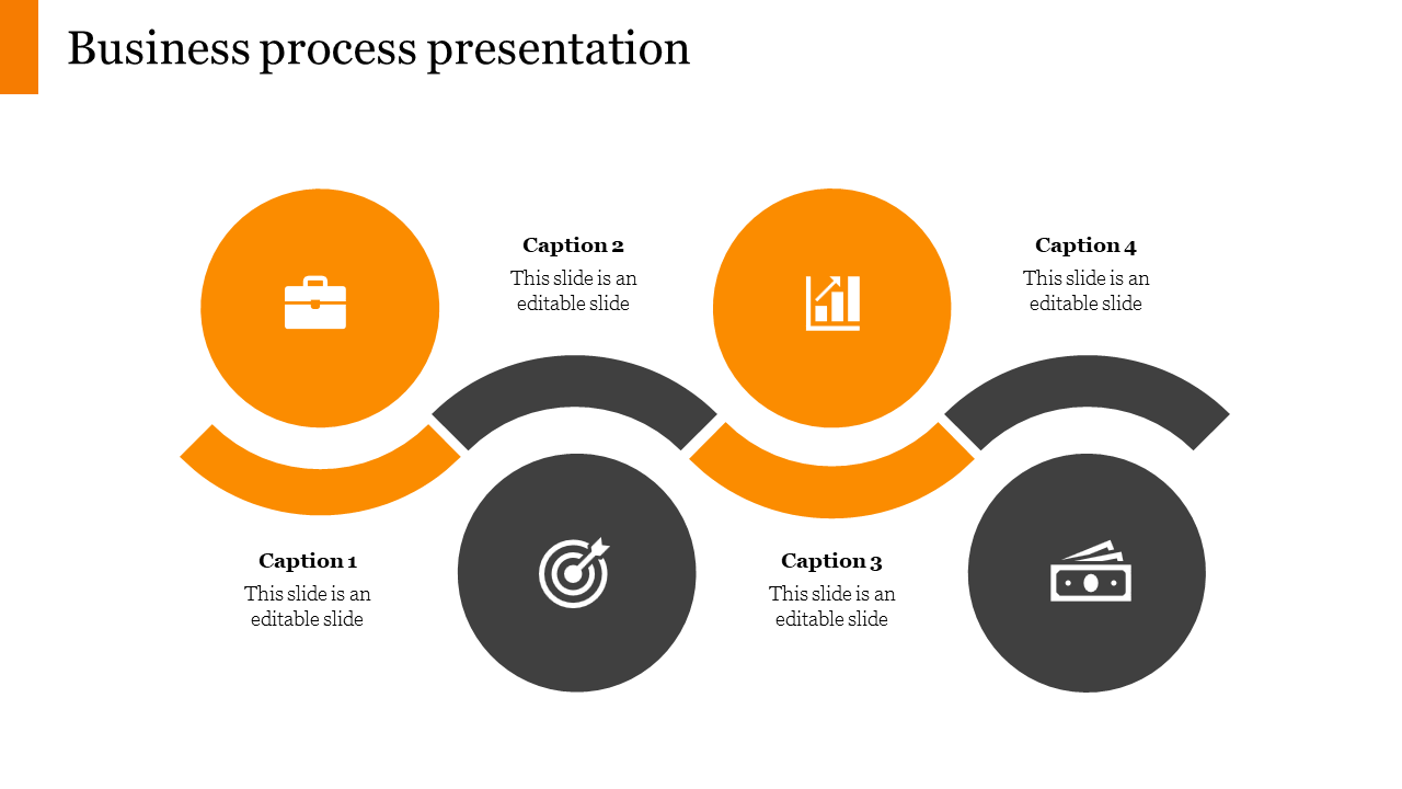 Business process PPT slide with four sections each represented by colorful icons and labeled captions.