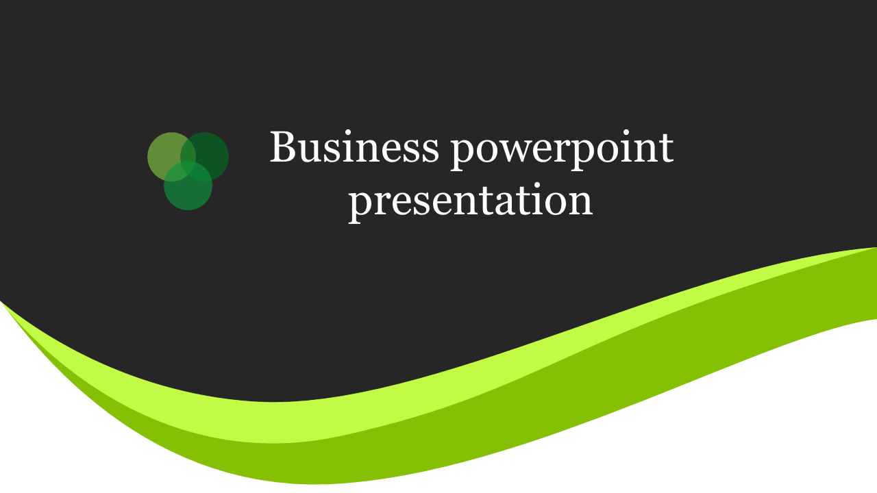 Business PowerPoint presentation slide with a green and black color scheme.