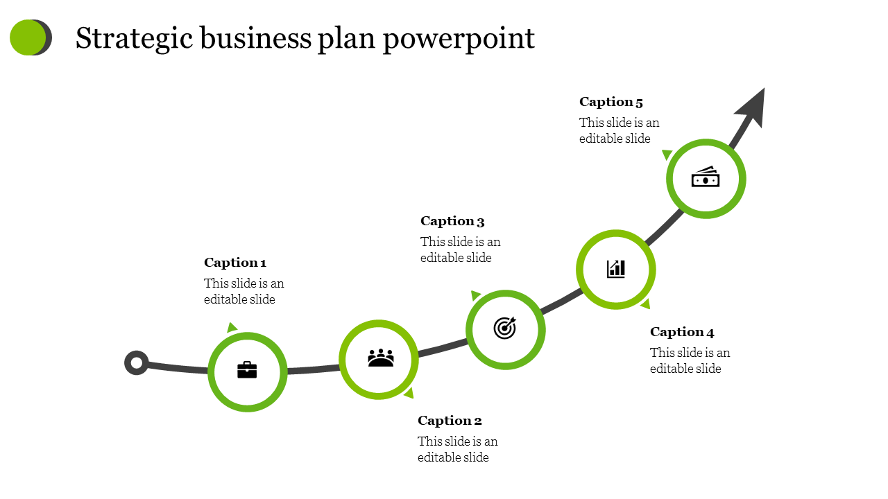 Strategic plan timeline with icons inside green circles along a rising curve, with a caption area at each step.