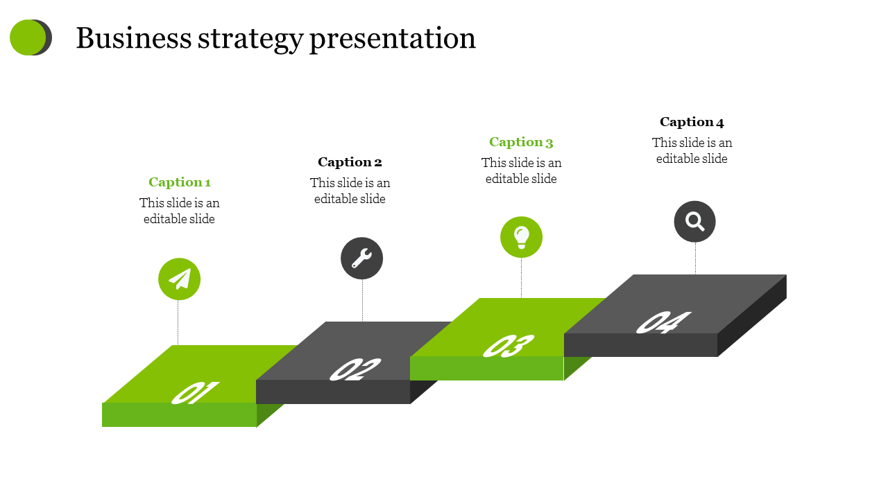 Business strategy presentation slide with a four step process in green and black blocks with captions.