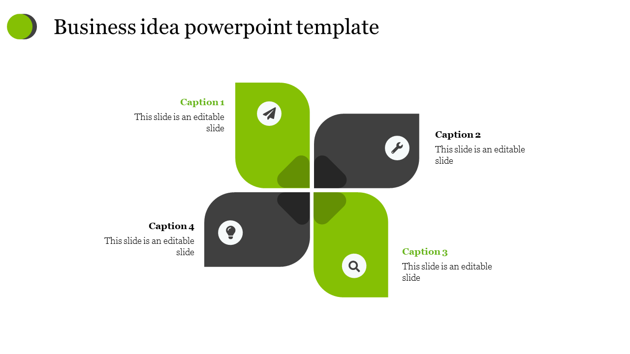 Business idea slide with a four petal design, in alternating green and dark gray sections, each containing icons.