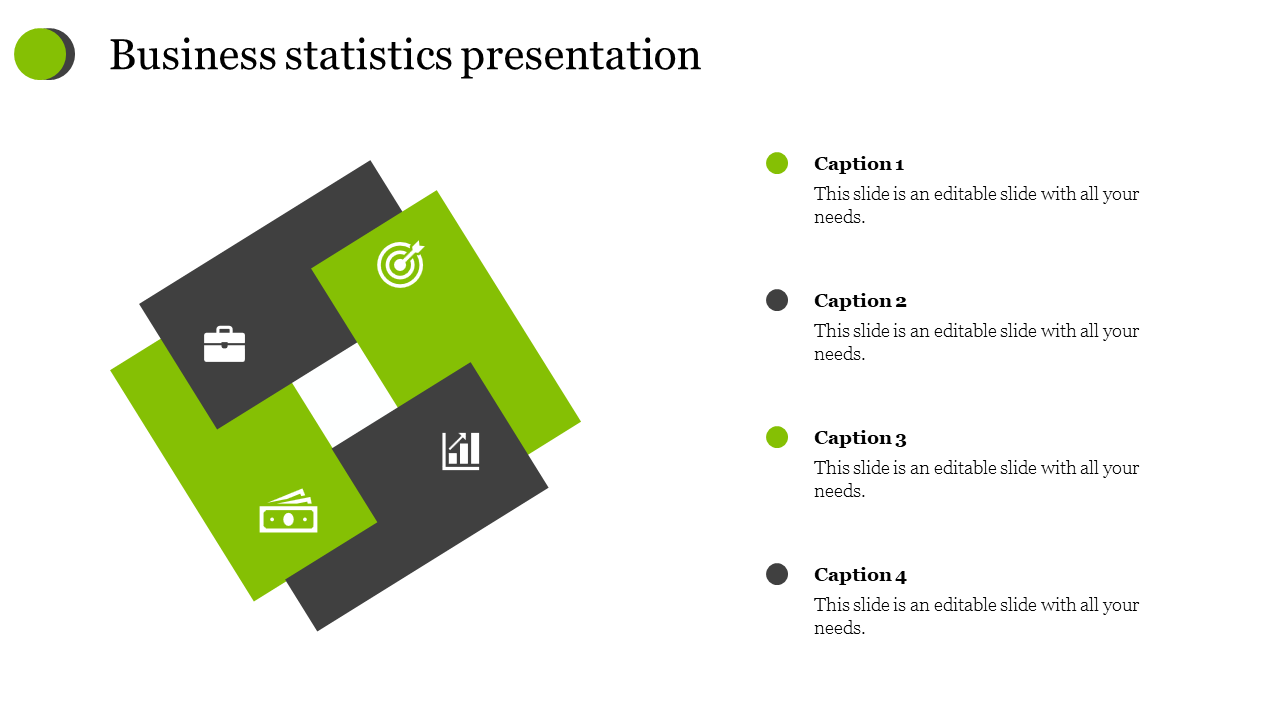 Four interlocked green and black squares with business icons, positioned alongside labeled captions.