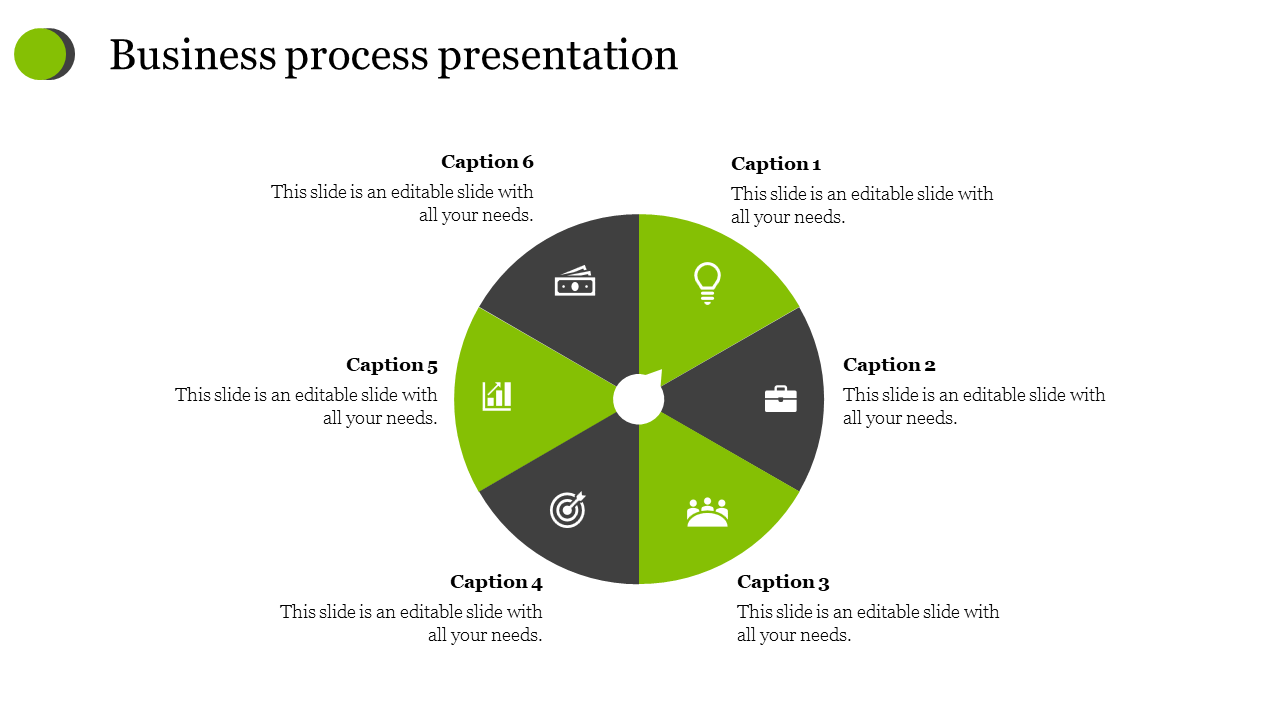 Circular business process diagram with six alternating green and black segments, each containing a white icon and captions.