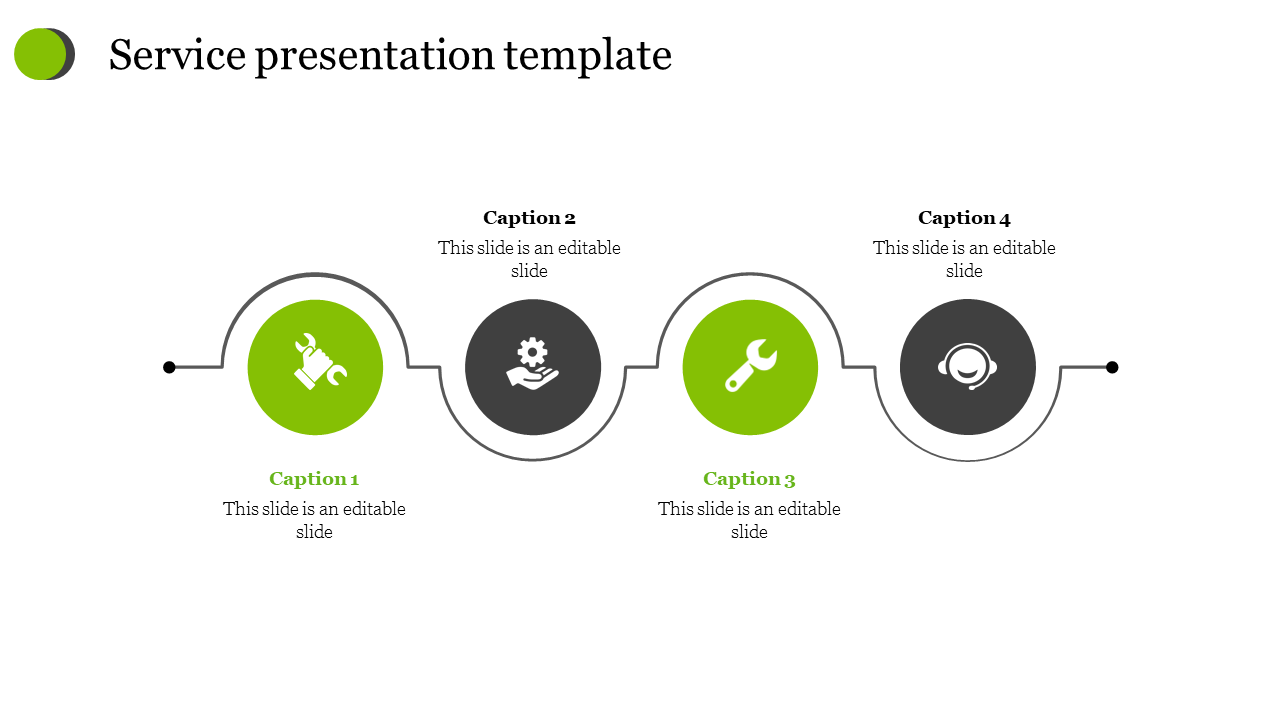 Service presentation template featuring a flow diagram with icons and captions with placeholder text.