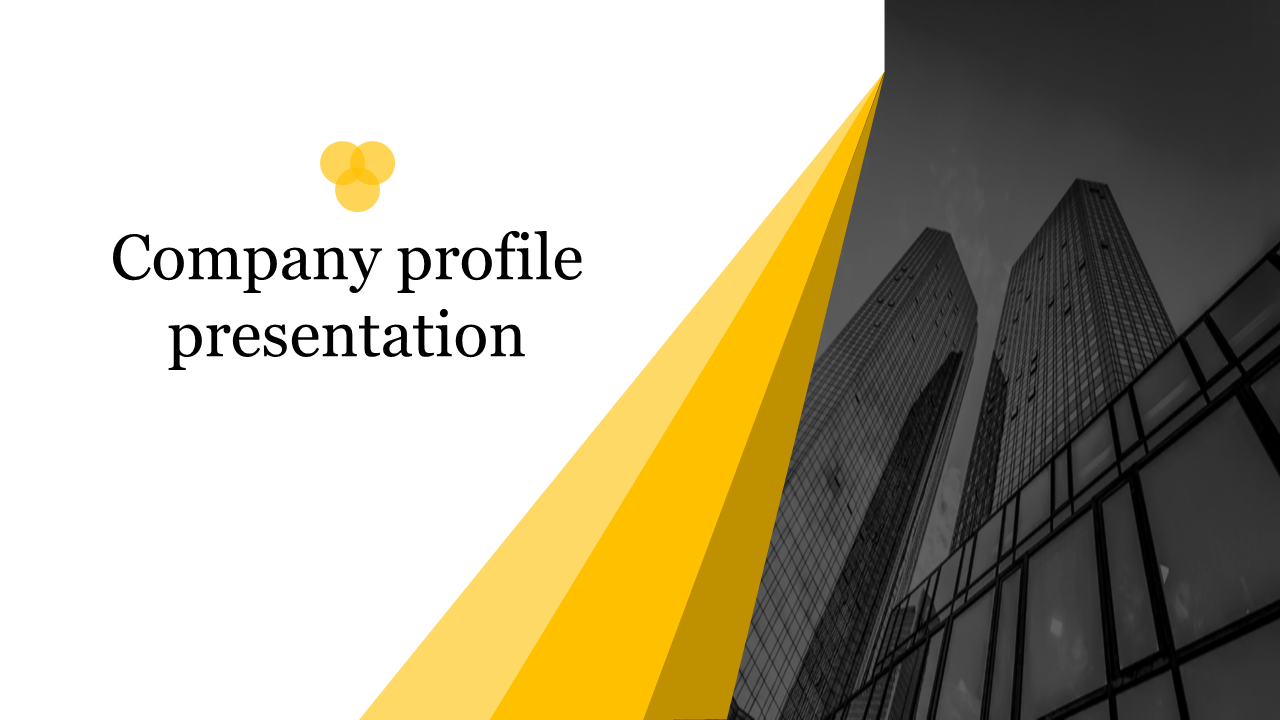 Modern company profile slide with a black-and-white building image and yellow beams cutting across the design.