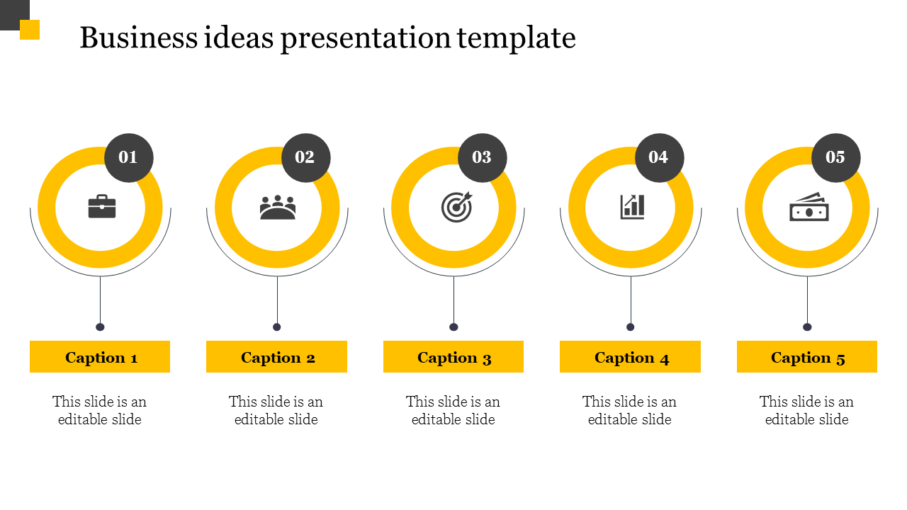 Business ideas presentation template with five colored circular sections, each representing a different business concept.