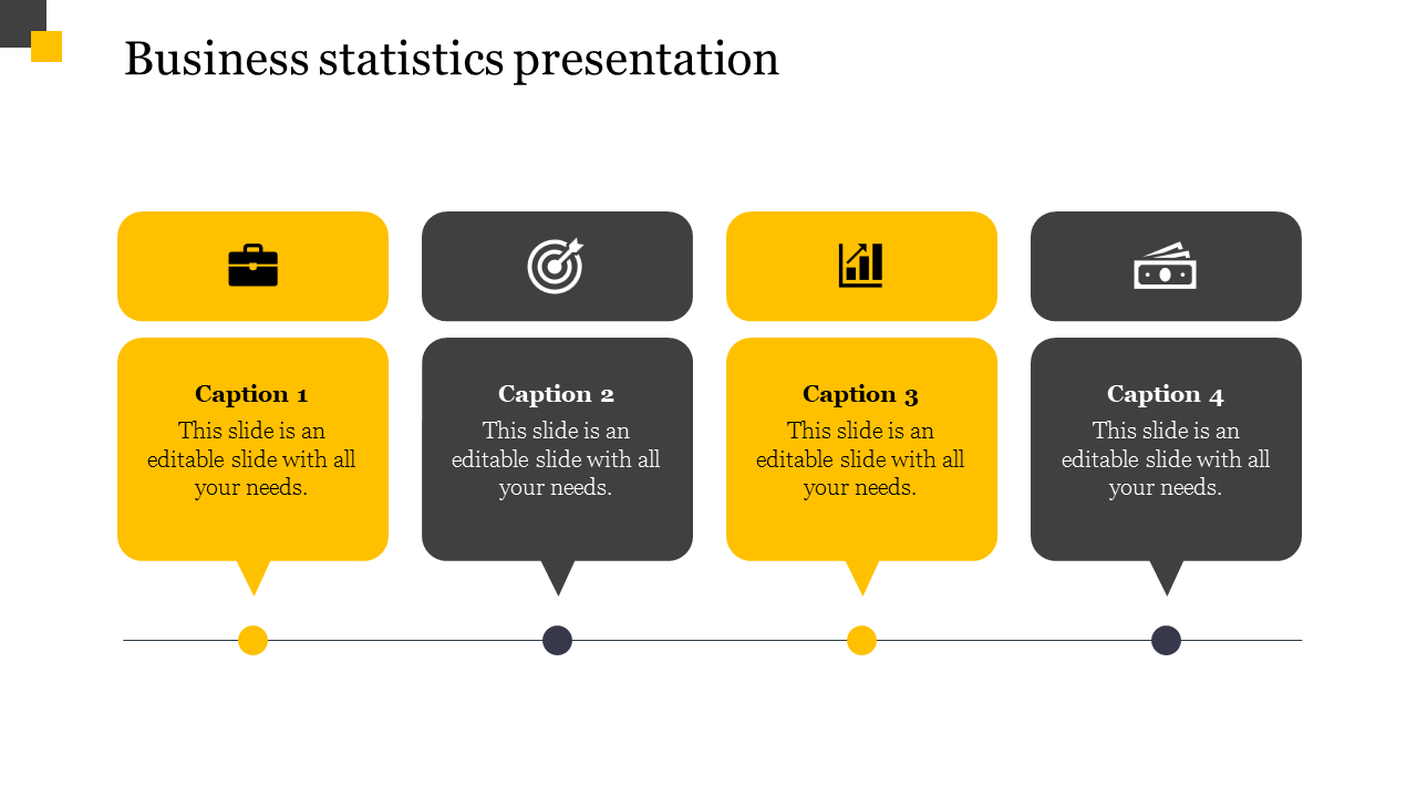 Business statistics slide with four captioned sections in alternating yellow and gray color blocks.