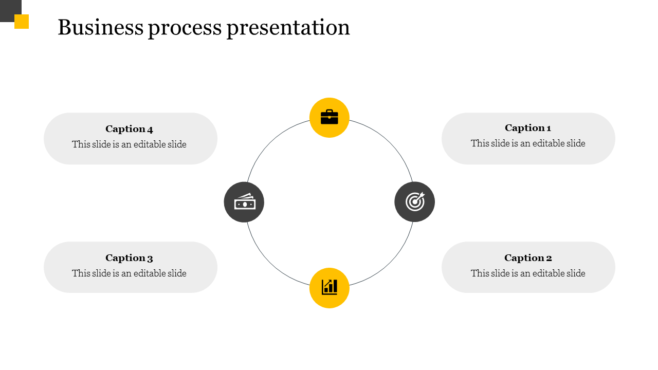 Business process PowerPoint slide with a circular flow diagram, each section featuring an icon and captions.